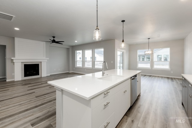 kitchen with visible vents, a sink, dishwasher, ceiling fan, and a healthy amount of sunlight