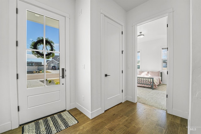 foyer entrance with baseboards and wood finished floors