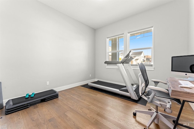 home office with hardwood / wood-style flooring