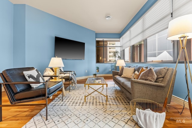 living area featuring baseboards and wood finished floors