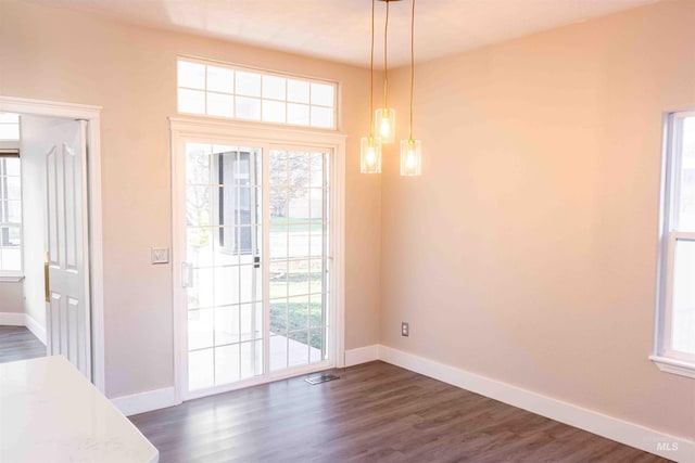 doorway with dark hardwood / wood-style flooring and a healthy amount of sunlight