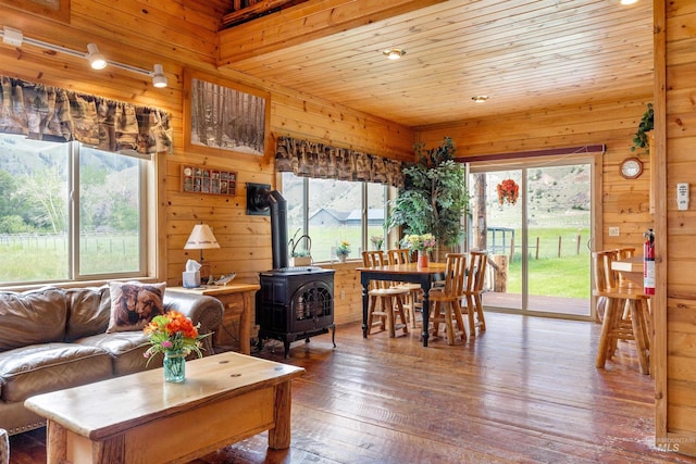 living room with wood-type flooring, plenty of natural light, a wood stove, and wooden ceiling