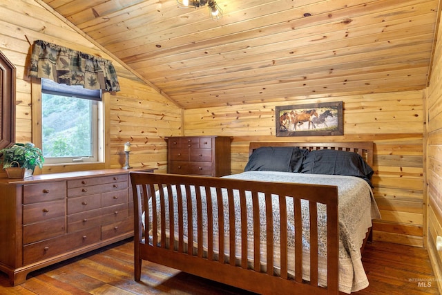 bedroom with wooden walls, dark hardwood / wood-style floors, wood ceiling, and lofted ceiling