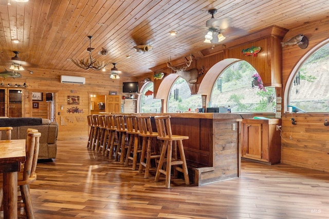 bar featuring a healthy amount of sunlight, ceiling fan, wood walls, and light hardwood / wood-style flooring