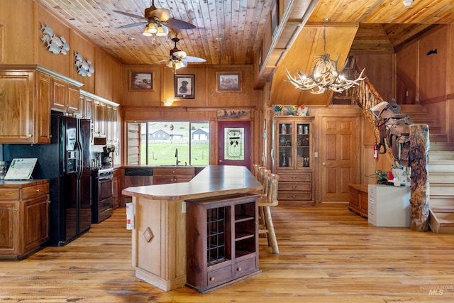 kitchen with wooden ceiling, a kitchen island, wooden walls, and light wood-type flooring