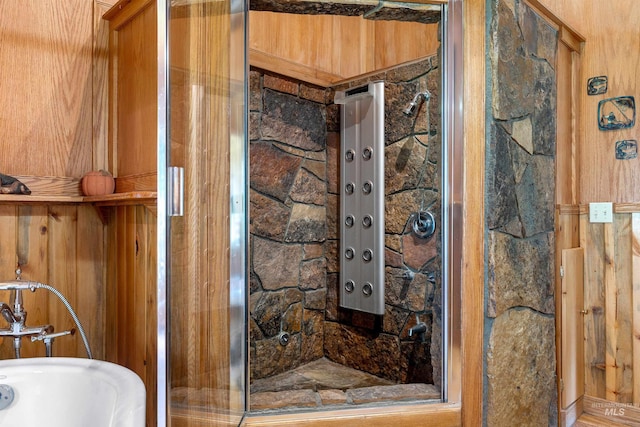 bathroom with wooden walls and plus walk in shower