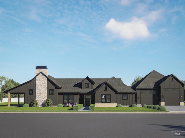 3075 N Costa Madera Ave, Star, ID 83669 - view of front of home featuring board and batten siding, a garage, stone siding, roof with shingles, and a chimney