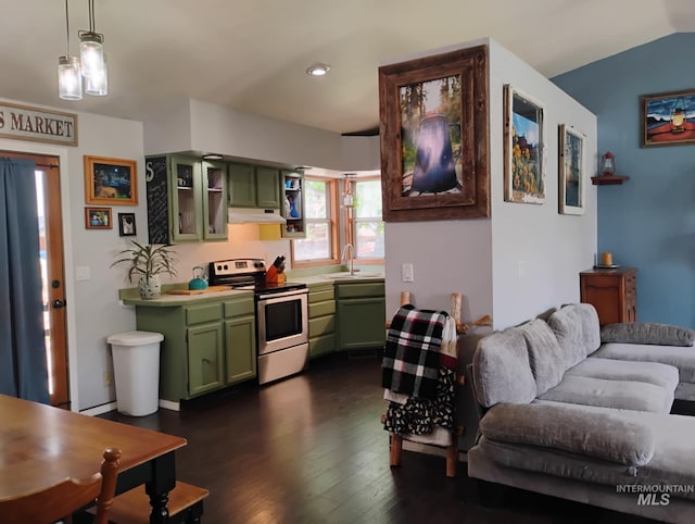 kitchen with green cabinetry, stainless steel electric range, dark wood-type flooring, under cabinet range hood, and light countertops