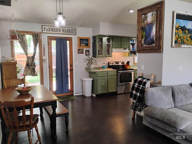 kitchen featuring green cabinetry, stainless steel range with electric stovetop, under cabinet range hood, open shelves, and recessed lighting