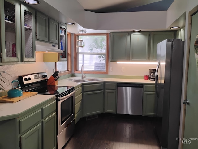 kitchen featuring stainless steel appliances, a sink, green cabinets, and under cabinet range hood