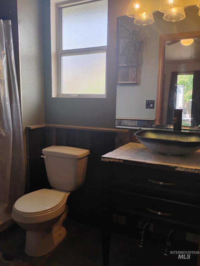 bathroom featuring toilet, a shower with shower curtain, vanity, and a wainscoted wall