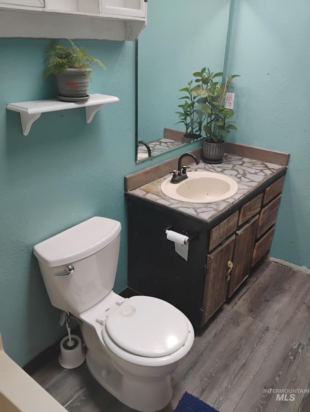bathroom featuring wood finished floors, toilet, and vanity
