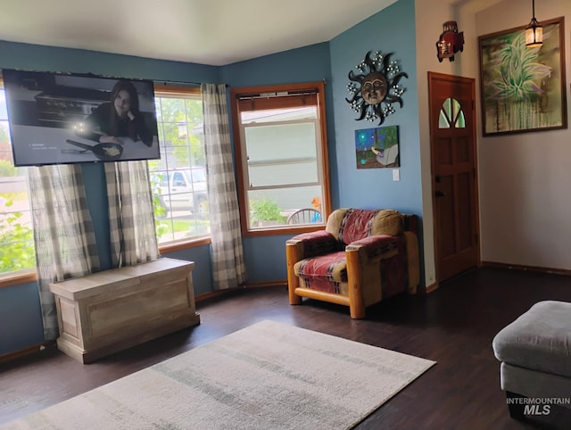 living room featuring wood finished floors and baseboards