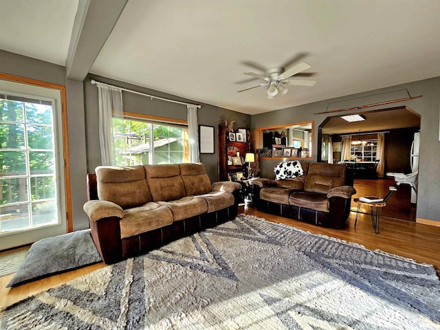 living room featuring ceiling fan and wood finished floors
