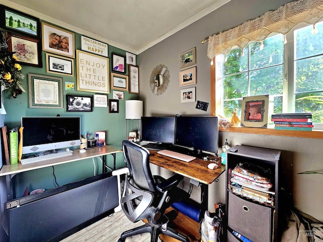 home office with crown molding and wood finished floors