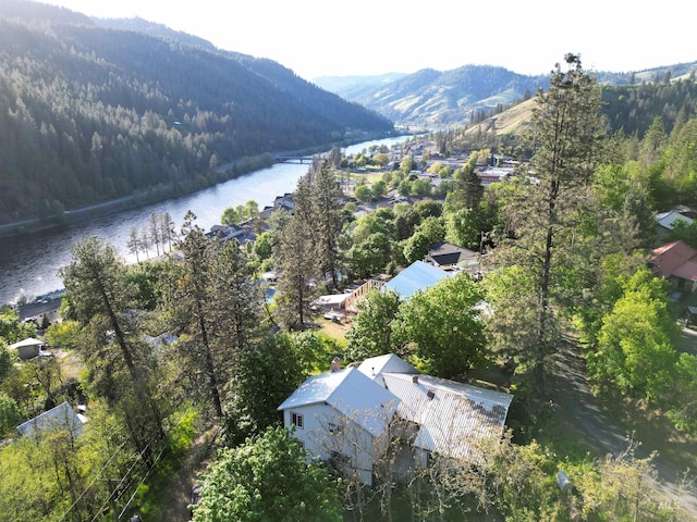 drone / aerial view featuring a wooded view and a water and mountain view