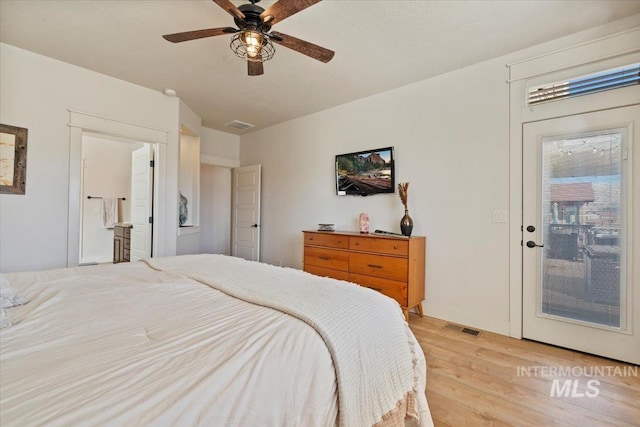 bedroom with visible vents, ensuite bath, light wood-type flooring, and ceiling fan