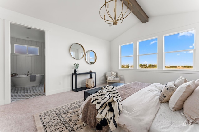 461 S Quincannon Ln, Star, ID 83669 - bedroom with baseboards, vaulted ceiling with beams, connected bathroom, carpet flooring, and a notable chandelier