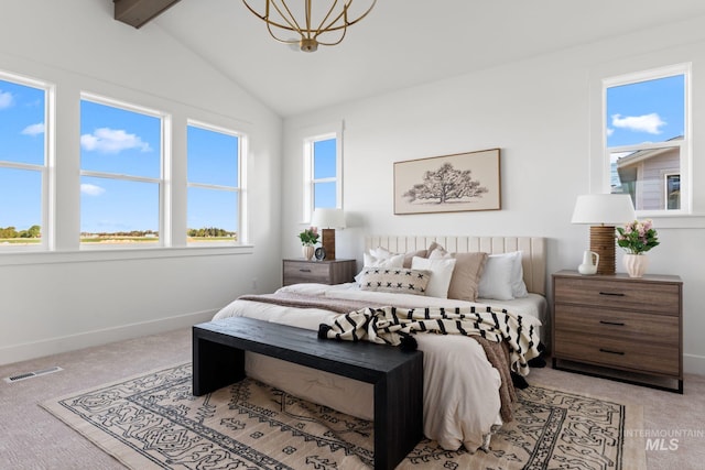 461 S Quincannon Ln, Star, ID 83669 - bedroom featuring light colored carpet, a notable chandelier, baseboards, lofted ceiling, and visible vents