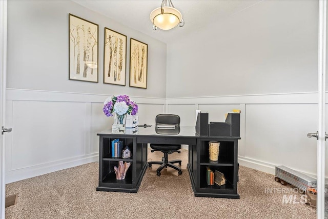 9968 Moon Shadow Ct, Middleton, ID 83644 - office space with carpet flooring, a wainscoted wall, and a decorative wall