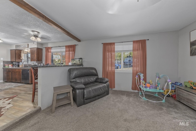 455 Farber Dr, Payette, ID 83661 - interior space with a ceiling fan, beamed ceiling, and light colored carpet