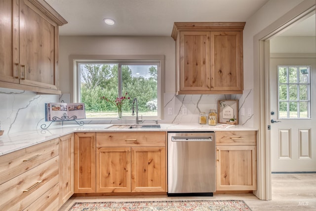 3131 Fuller Rd, Emmett, ID 83617 - kitchen with dishwasher, a sink, light brown cabinets, plenty of natural light, and recessed lighting