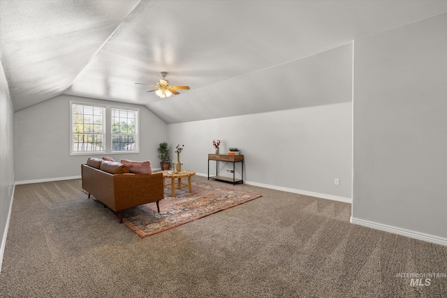 3011 S Montego Way, Nampa, ID 83686 - living room with carpet flooring, lofted ceiling, a ceiling fan, and baseboards