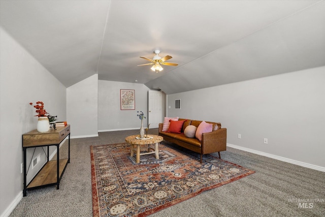 3011 S Montego Way, Nampa, ID 83686 - carpeted living room with vaulted ceiling, ceiling fan, and baseboards