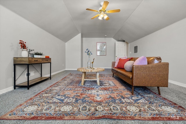 3011 S Montego Way, Nampa, ID 83686 - carpeted living room with vaulted ceiling, a ceiling fan, and baseboards