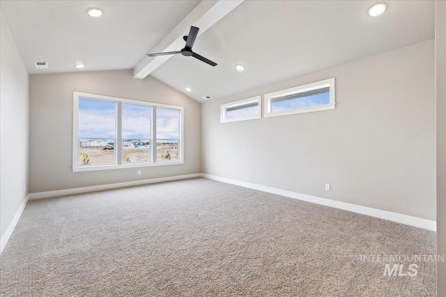 unfurnished room with vaulted ceiling with beams, carpet floors, and ceiling fan