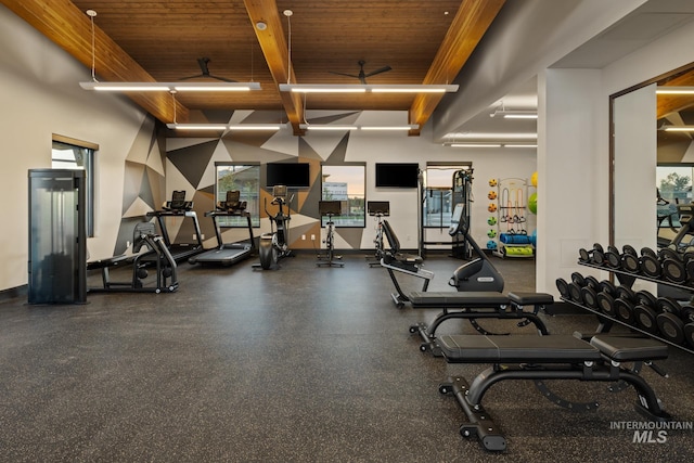 exercise room featuring wooden ceiling