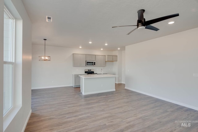 kitchen with ceiling fan with notable chandelier, appliances with stainless steel finishes, and light hardwood / wood-style floors