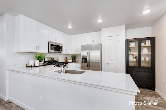 kitchen with appliances with stainless steel finishes, a peninsula, light wood finished floors, baseboards, and a sink