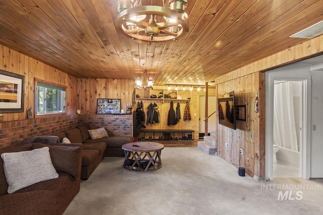 114 Par Dr, Cascade, ID 83611 - carpeted living area with wood walls, a chandelier, and wood ceiling