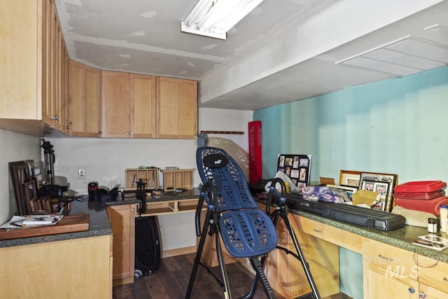 114 Par Dr, Cascade, ID 83611 - kitchen featuring dark wood-style floors, dark countertops, and light brown cabinets