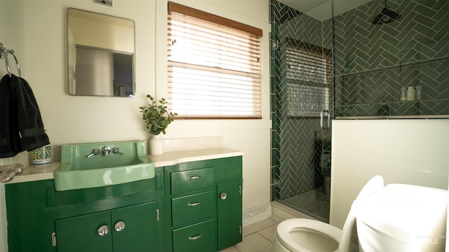 full bathroom with toilet, a shower stall, and vanity