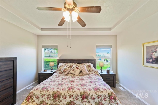 bedroom with carpet floors, a tray ceiling, and multiple windows