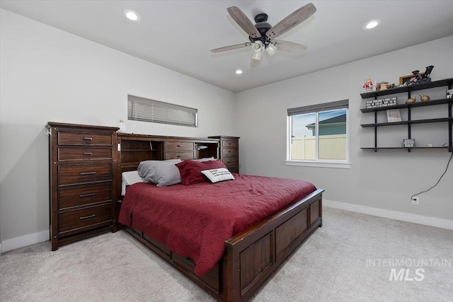 bedroom with baseboards, ceiling fan, recessed lighting, and light colored carpet