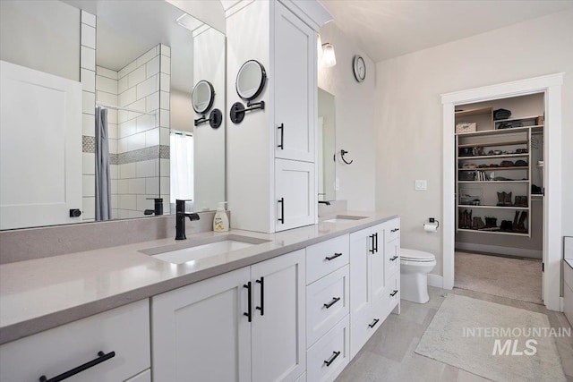 bathroom with double vanity, a shower stall, a walk in closet, and a sink