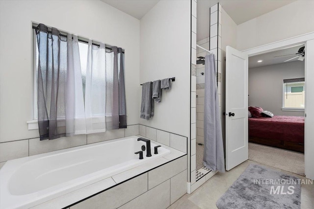 full bath featuring a garden tub, a ceiling fan, connected bathroom, and a shower with shower curtain