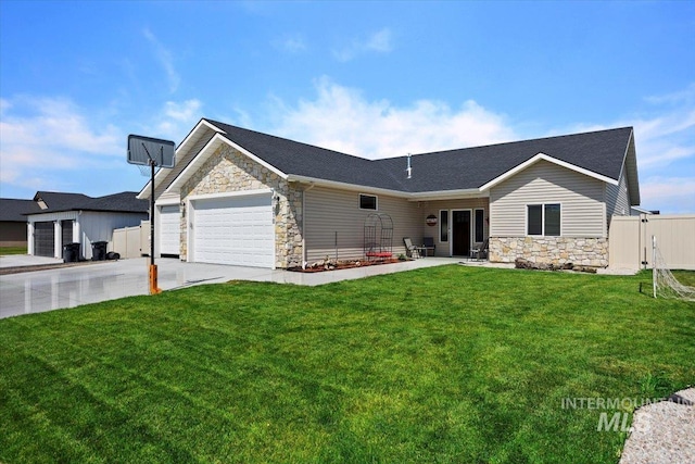 ranch-style house featuring a front yard, stone siding, driveway, and an attached garage