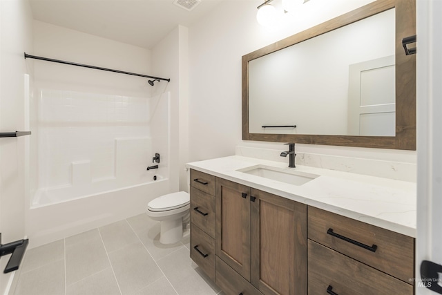 full bath featuring toilet, bathtub / shower combination, vanity, and tile patterned floors