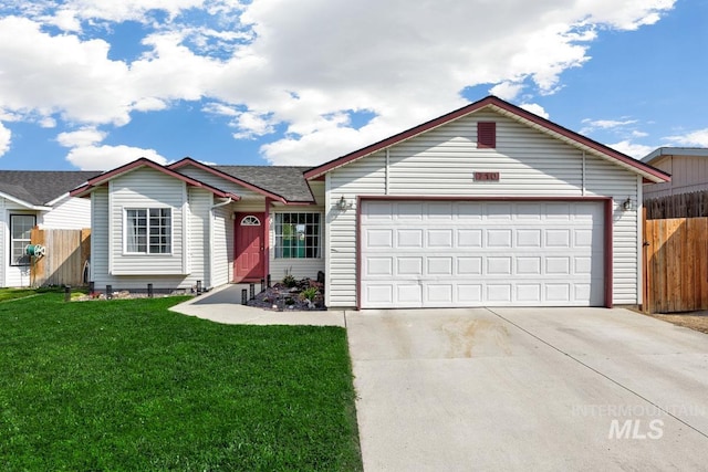 ranch-style home with a front yard, driveway, fence, and an attached garage