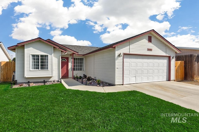 single story home featuring a front lawn, fence, a garage, and concrete driveway