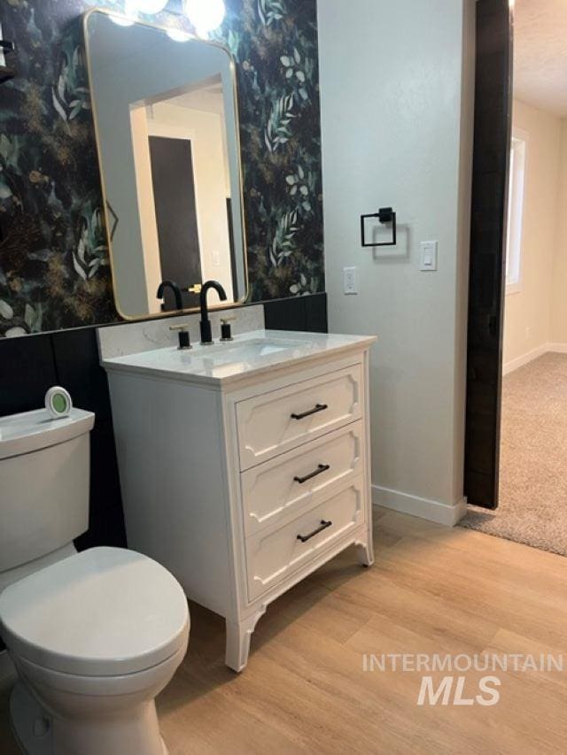 bathroom with hardwood / wood-style floors, vanity, and toilet