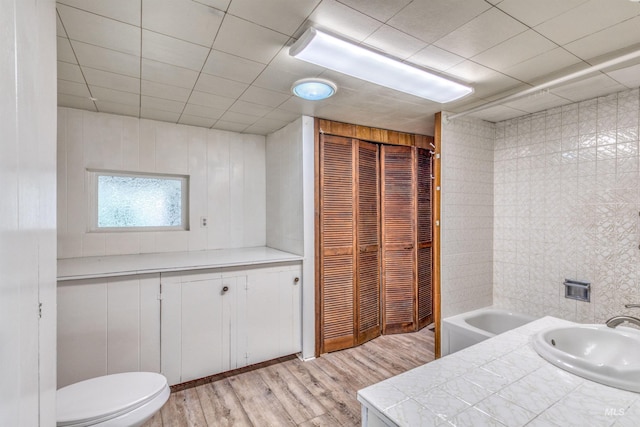 full bathroom featuring toilet, a bathtub, wood finished floors, and vanity