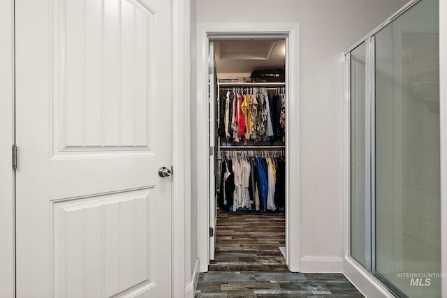 bathroom featuring wood finished floors, a shower stall, and a walk in closet