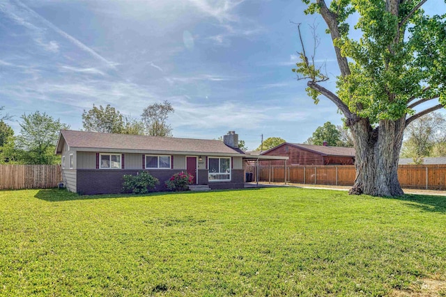 ranch-style house with a fenced backyard, brick siding, a front lawn, and a chimney