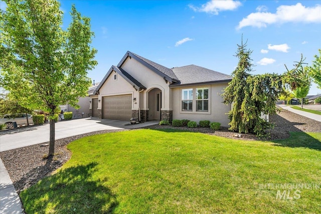 495 W Tall Prairie Dr, Meridian, ID 83642 - french country inspired facade with stucco siding, concrete driveway, a garage, and a front lawn
