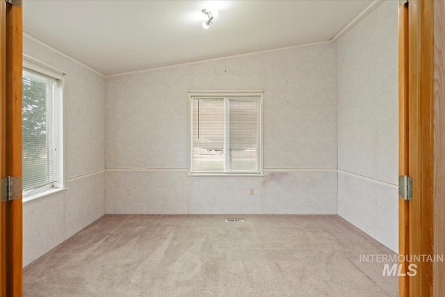 empty room featuring vaulted ceiling, ornamental molding, and carpet floors